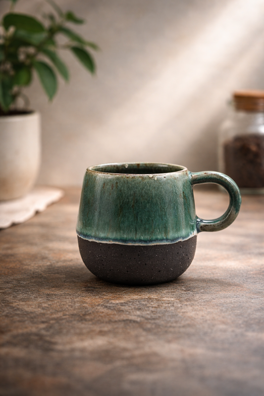 Handmade Green Glazed Black Clay Coffee Mug – 10.5 oz