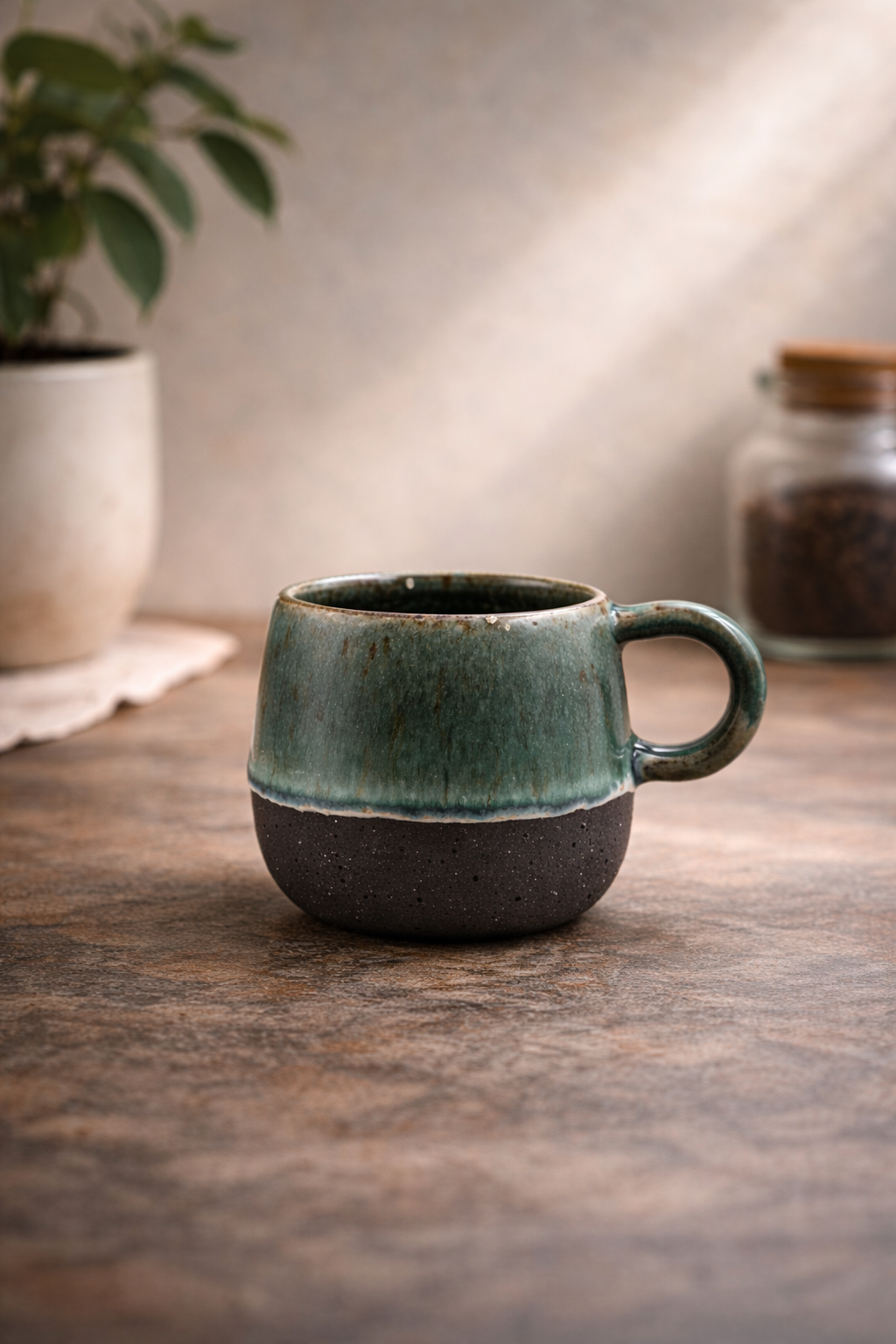 Handmade Green Glazed Black Clay Coffee Mug – 10.5 oz